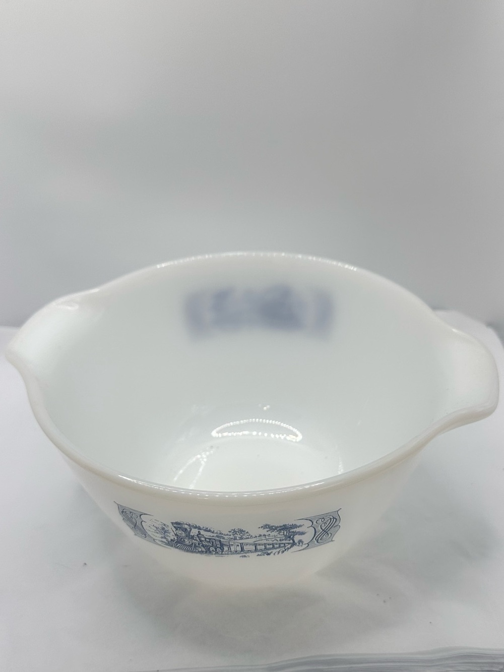 Vintage Currier & Ives White Milk Glass Mixing Bowl with Blue Train Motif